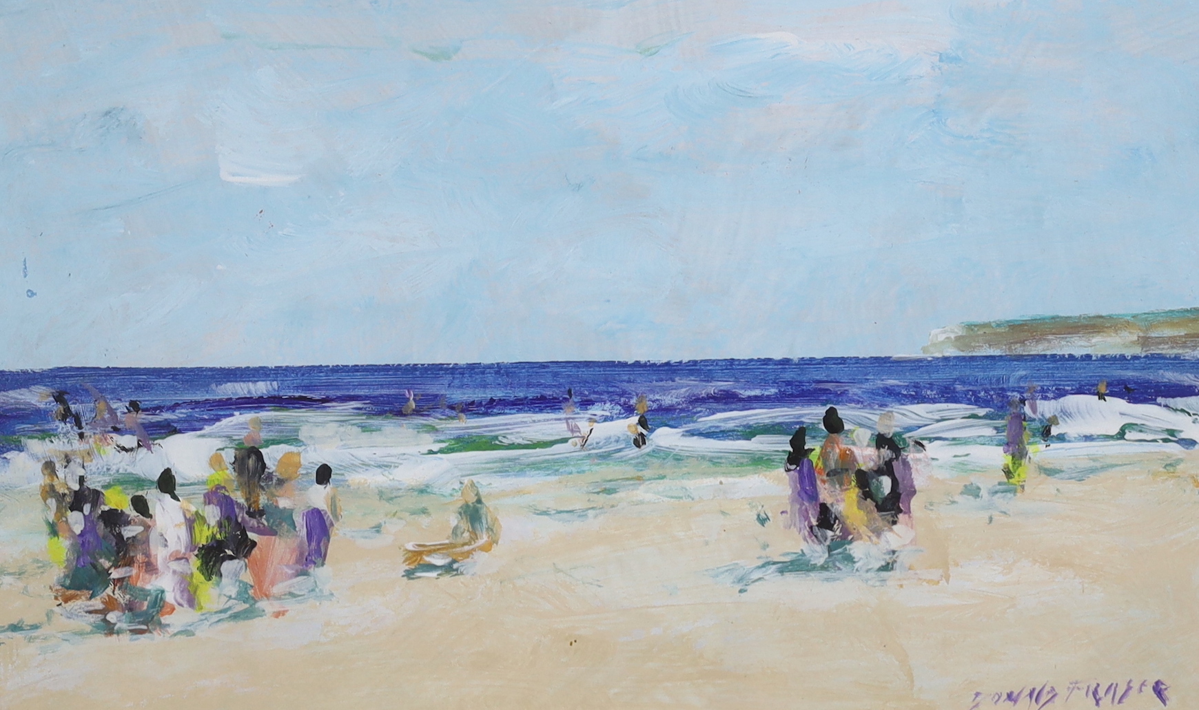 Donald Fraser (Australian, b.1936) oil on board, Figures on a beach, signed, housed in ornate gilt frame, 20 x 31cm